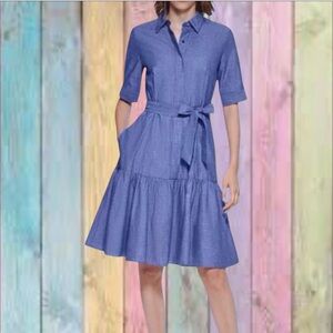 Calvin Klein Blue Denim Belted A-line Ruffled Dress
